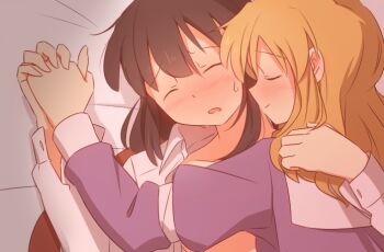 Rule 34 | 2girls, blonde hair, blush, breasts, brown hair, closed eyes, collared dress, collared shirt, commentary request, contrast collar, dress, hand on another's back, holding hands, long hair, lying, maribel hearn, medium hair, missing headwear, multiple girls, necktie, nose blush, on back, on bed, open clothes, open shirt, pillow, purple dress, red necktie, shirt, touhou, unagi sango, usami renko, yuri