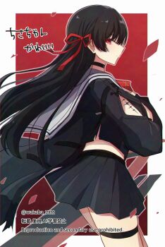 Rule 34 | 0roshioji3ran, arm cutout, black choker, black hair, black shirt, black skirt, border, chisa (wuthering waves), choker, closed mouth, clothing cutout, commentary request, cowboy shot, from side, hair ribbon, highres, long hair, long sleeves, looking at viewer, mole, mole under eye, red background, red eyes, red ribbon, ribbon, sailor collar, shirt, skirt, tacet mark (wuthering waves), thigh strap, white border, white sailor collar, wuthering waves