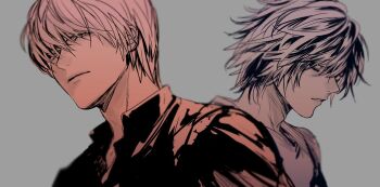 2boys bags_under_eyes black_shirt closed_mouth collared_shirt commentary_request death_note grey_background hair_between_eyes l_(death_note) looking_at_another male_focus messy_hair multiple_boys no_eyebrows pan2ca parted_lips shirt short_hair sketch upper_body white_shirt yagami_light