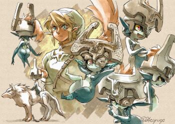 1boy 1girl arms_behind_head ass blonde_hair blue_eyes breasts closed_mouth colored_skin crossed_arms green_hat green_tunic hair_between_eyes hair_tie hat helmet_over_one_eye link long_hair midna multicolored_skin multiple_views nintendo open_mouth orange_hair phrygian_cap pointy_ears ponytail red_eyes riding riding_animal short_hair shortstack sidelocks small_breasts smile the_legend_of_zelda the_legend_of_zelda:_twilight_princess tsuyuga tunic twitter_username two-tone_skin wolf wolf_link
