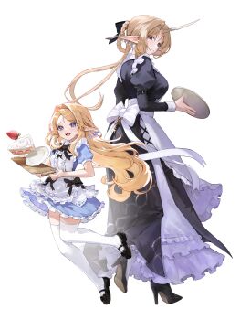 2girls absurdres alternate_costume black_dress black_shoes blonde_hair breasts cake cake_slice cartethyia_(wuthering_waves) commentary_request dress dual_persona earrings enmaided fleurdelys_(wuthering_waves) floating_earrings food hair_intakes high_heels highres holding holding_tray horns jewelry large_breasts long_dress long_hair long_horns long_pointy_ears maid malsuk multiple_girls pointy_ears shoes simple_background single_horn small_breasts thighhighs tray white_background white_thighhighs wuthering_waves
