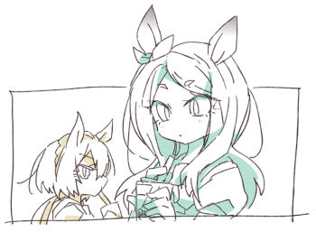 Rule 34 | 2girls, animal ears, beer hsk, bow, braid, bubble tea, commentary request, crown braid, cup, drinking straw, ear ribbon, hair between eyes, holding, holding cup, horse ears, kin'iro ryotei (umamusume), long hair, low ponytail, mejiro mcqueen (umamusume), multiple girls, multiple monochrome, ponytail, profile, puffy short sleeves, puffy sleeves, school uniform, short eyebrows, short sleeves, swept bangs, thick eyebrows, tracen school uniform, umamusume, white background