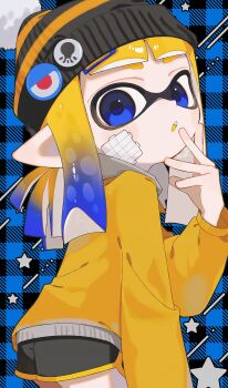 Rule 34 | 1girl, beanie, black hat, black shorts, blonde hair, blue background, blue eyes, blue hair, colored tips, dolphin shorts, hat, highres, inkling, inkling girl, inkling player character, long hair, looking at viewer, multicolored hair, nintendo, open mouth, plaid background, pointy ears, print hat, sabata saba, shorts, solo, splatoon (series), splatoon 3, standing, star (symbol), tentacle hair, thick eyebrows, two-tone hair