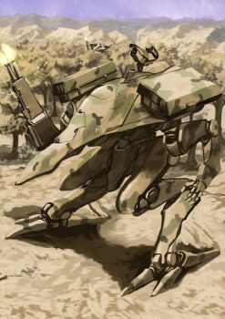 arm_cannon firing highres mecha mecha_focus no_humans original outdoors reverse-jointed_legs robot science_fiction tyokugekidato weapon