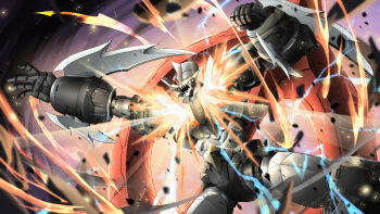 clenched_hand electricity fire glowing glowing_eyes highres mazinger_(series) mazinger_zero_(mecha) mecha no_humans open_hand open_mouth robot science_fiction shin_mazinger_zero super_robot troy_(oxaa01ex) yellow_eyes