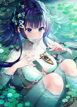 1boy 1girl _hair_ornament air_bubble apple_(luffy123) bikini blue_eyes blue_hair blush boat breasts bridge bubble cleavage collarbone fish giant giantess hair_ornament halterneck korean_commentary large_breasts lily_pad long_hair mouth_submerged mouth_under_water oar on_boat original pants partially_submerged shirt sitting size_difference string_bikini swimsuit very_long_hair water watercraft wet white_bikini white_shirt