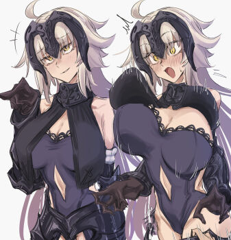 1girl absurdres ahoge armor armored_dress bare_shoulders black_dress black_gloves breasts cleavage closed_mouth commentary_request dress fate/grand_order fate_(series) flustered gloves grey_hair hair_between_eyes headpiece highres jeanne_d&#039;arc_alter_(avenger)_(fate) jeanne_d&#039;arc_alter_(avenger)_(third_ascension)_(fate) jeanne_d&#039;arc_alter_(fate) large_breasts lingerie long_hair multiple_views murderdoll1641 open_mouth pointing smile solo surprised underwear yellow_eyes