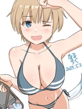 1girl adversarial_noise bikini blonde_hair blue_eyes blush brave_witches breasts cleavage collarbone dated highres large_breasts looking_at_viewer naruchisukisuki nikka_edvardine_katajainen one_eye_closed open_mouth short_hair simple_background solo striped_bikini striped_clothes swimsuit tail weasel_tail white_background world_witches_series