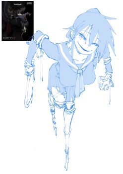 Rule 34 | 1girl, absurdres, ayakakashi, black hair, breasts, creepy, creepy smile, female focus, highres, karasu raven, large breasts, looking at viewer, monster, monster girl, no feet, sailor collar, scarecrow, school uniform, shiny clothes, silent hill, silent hill (series), silent hill f, smile, smiley face, solo, solo focus