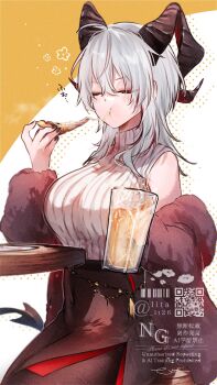 1girl alternate_costume bare_shoulders beer_glass black_horns black_jacket black_skirt breasts closed_mouth clothes_down commentary_request covered_navel cup curled_horns drinking_glass eating food highres holding holding_cup holding_food holding_pizza horns jacket large_breasts light_blush long_hair lt26 pizza ribbed_shirt shirt side_slit skirt sleeveless sleeveless_shirt solo white_hair white_shirt wuthering_waves zani_(wuthering_waves)