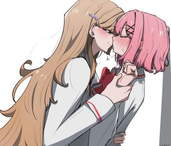 2girls amaori_renako blush bow bowtie brown_eyes brown_hair closed_eyes closed_mouth commentary_request highres imminent_kiss long_hair multiple_girls nobunaga_(nbng_g) pink_hair red_bow red_bowtie sena_ajisai short_hair simple_background upper_body watashi_ga_koibito_ni_nareru_wake_naijan_murimuri! white_background yuri