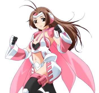 1girl antenna_hair armor brown_eyes brown_hair cape choker clenched_hands game_cg gan-chan_(artist) gloves hitozuma_sentai_aisaiger large_variant_set long_hair magical_girl midriff navel non-web_source official_art ousaka_hikari ribbon_choker saiger_cherry smile solo thighhighs transparent_background variant_set