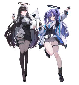 2girls absurdres arm_up black_gloves black_hair black_jacket black_pantyhose black_shoes black_skirt black_socks blue_archive blue_necktie blunt_bangs breasts collared_shirt commentary full_body gloves hair_ornament hairclip half_gloves halo highres holding holding_id_card holster id_card jacket kkato large_breasts long_hair long_sleeves looking_at_viewer millennium_science_school_logo miniskirt multiple_girls necktie open_mouth pantyhose pleated_skirt purple_hair red_eyes rio_(blue_archive) school_uniform shirt shoes skirt smile socks standing standing_on_one_leg sweater thigh_holster thigh_strap two_side_up very_long_hair white_jacket white_shirt white_sweater yuuka_(blue_archive)
