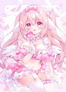 1girl :o absurdres animal_ears blush bow bow_panties bra breasts chiika_(cure_cherish) cleavage collarbone commentary_request cowboy_shot frilled_bra frilled_hairband frills garter_straps gem gloves hair_between_eyes hair_bow hairband hand_up heart heart_wand highres holding holding_wand large_breasts long_hair looking_at_viewer maid_headdress navel original panties pink_bow pink_bra pink_gemstone pink_hair pink_panties sitting solo stomach thighhighs twintails twitter_username underwear very_long_hair wand white_bow white_gloves white_hairband white_thighhighs yume_kawaii