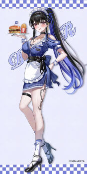 1girl :d alternate_costume apron back_bow belt black_belt black_collar black_hair black_shoes blue_dress blue_hair bow breasts burger character_name clothing_cutout collar colored_inner_hair commentary cross-laced_clothes cross-laced_dress dress flower_knot food fortissimo french_fries frilled_apron frills hair_ornament high_heels highres holding holding_paint_palette hololive hololive_english jewelry lapels large_breasts leg_tattoo long_hair maid_headdress miza8276 mole mole_under_eye multicolored_hair musical_note musical_note_hair_ornament name_tag necklace nerissa_ravencroft no_horns notched_lapels open_mouth paint_palette pinstripe_dress pinstripe_pattern puffy_short_sleeves puffy_sleeves purple_eyes shoes short_dress short_sleeves shoulder_cutout side_slit sidelocks smile socks solo strappy_heels symbol-only_commentary tattoo thigh_strap very_long_hair virtual_youtuber waist_apron white_socks wrist_cuffs