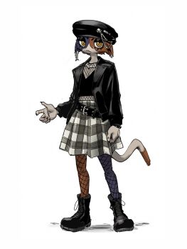 bad_link belt beret black_belt black_jacket boots calico_(pattern) calico_cat fish_skeleton fishnet_thighhighs fishnets fortnite goth_fashion hat highres jacket lace-up_boots meow_skulls plaid_clothes plaid_skirt skirt skull_ornament thighhighs