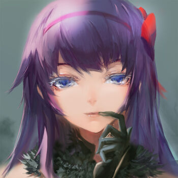 Rule 34 | 1girl, akemi homura, akuma homura, akuma homura (cosplay), bakemonogatari, blackrabbitsoul, blue eyes, bow, colored eyelashes, cosplay, female focus, finger to mouth, gloves, hair bow, hairband, long hair, mahou shoujo madoka magica, mahou shoujo madoka magica: hangyaku no monogatari, monogatari (series), portrait, purple hair, saitou chiwa, senjougahara hitagi, solo, voice actor connection