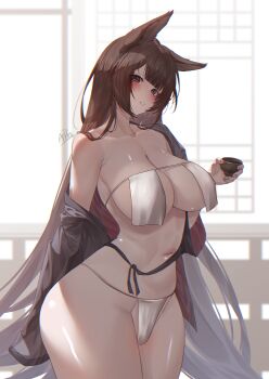 1girl absurdres amagi_(azur_lane) animal_ears annasui_factory azur_lane bare_shoulders bikini blush breast_curtains breasts brown_hair cleavage cup fox_ears fox_girl highres holding holding_cup large_breasts long_hair long_sleeves looking_at_viewer navel off_shoulder purple_eyes signature solo swimsuit white_bikini