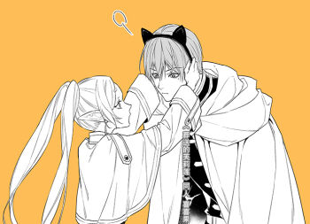 Rule 34 | 1boy, 1girl, animal ear hairband, animal ears, black jacket, capelet, cat ear hairband, cat ears, cloak, earrings, elf, fake animal ears, frieren, hair between eyes, hairband, himmel (sousou no frieren), jacket, jewelry, lm 0063, long hair, mole, mole under eye, monochrome, orange background, parted bangs, pointy ears, short hair, sousou no frieren, thick eyebrows, twintails, upper body, white capelet, white cloak, white jacket