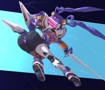 android angelan anus armor ass asymmetrical_legwear bikini black_skin breasts cameltoe colored_skin crotchless crotchless_swimsuit from_side heart heart-shaped_hair holding holding_sword holding_weapon looking_back medium_breasts micro_bikini mismatched_legwear pauldrons pochincoff pointy_breasts purple_bikini purple_hair robot shoes shoulder_armor striped_clothes striped_legwear striped_thighhighs swimsuit sword thighhighs twintails virtual_on visor weapon