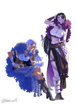 2girls alternate_costume arm_tattoo armlet artist_name belt black_hair blue_capelet boa_hancock boots breasts bridal_gauntlets capelet cleavage dark-skinned_female dark_skin earrings full_body fur-trimmed_capelet fur_capelet fur_trim gauntlets hand_on_own_hip helio_art jewelry large_breasts leg_tattoo leg_warmers long_hair looking_at_viewer midriff multiple_girls navel nefertari_vivi one_piece purple_capelet simple_background sitting skirt smile snake_earrings standing sword tattoo thigh_strap viking weapon white_background white_hair