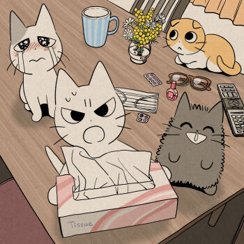 Rule 34 | :<, :d, ^ ^, animal, animal focus, black cat, blister pack, blush, brown-framed eyewear, cat, closed eyes, closed mouth, commentary request, crying, cup, dot nose, flower, glasses, highres, indoors, mask, mojacookie, mug, no humans, nose blush, open mouth, orange cat, original, runny nose, smile, snot, sweat, table, tissue, tissue box, unworn eyewear, unworn mask, v-shaped eyes, vase, white cat, yellow flower