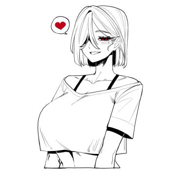 1girl 7a_(se7ena) bare_shoulders bra_strap breasts collarbone commentary_request cropped_shirt cropped_torso greyscale grin hair_over_one_eye half-closed_eye heart korean_commentary large_breasts looking_at_viewer midriff mole mole_under_eye monochrome one_eye_covered original parted_bangs red_eyes seductive_smile shirt short_hair short_sleeves simple_background smile solo speech_bubble spoken_heart spot_color unfinished white_background