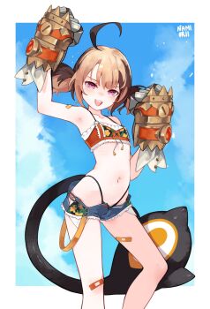 1girl :d ahoge arm_up armpits bandaid bandaid_on_arm bandaid_on_leg bikini bikini_bottom_under_shorts bikini_under_clothes black_bikini blue_sky border bridal_gauntlets brown_hair cloud cowboy_shot denim denim_shorts flat_chest gigi_murin gigi_murin_(holonatsu_paradise) hand_up highleg highleg_bikini highres hololive hololive_english multicolored_hair namiorii official_alternate_costume open_fly open_mouth orange_bikini outside_border pink_eyes sharp_teeth short_hair short_twintails shorts sky smile solo swimsuit teeth twintails two-tone_hair upper_teeth_only virtual_youtuber white_border