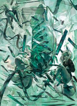 2girls :o animal_ear_fluff animal_ears animal_nose ass bare_legs bottomless commentary commentary_typo debris denchou floating floating_object fox_ears fox_girl fox_tail from_below furry furry_female green_theme indoors jitome levitation long_hair monochrome multiple_girls original oversized_object painterly panties ribbon shoelaces shoes sneakers surreal sweater tail tail_ornament tail_ribbon tile_wall tiles underwear untied_shoelaces white_panties