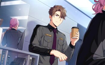 Rule 34 | 2boys, 3boys, breast pocket, brown hair, closed mouth, collared shirt, cup, disposable cup, game cg, grey shirt, hand up, happy elements, helios rising heroes, highres, holding, holding cup, indoors, jacket, jude ares, long sleeves, male focus, mole, mole under mouth, multiple boys, necktie, non-web source, official art, pocket, purple eyes, purple necktie, shirt, short hair, smile, upper body
