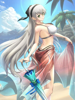 1girl ao_no_kiseki beach bikini black_hairband blue_sky breasts chiga_akira eiyuu_densetsu elie_macdowell green_eyes grey_hair hairband hajimari_no_kiseki hashtag-only_commentary highres light_smile long_hair sky sunlight swimsuit umbrella white_bikini white_hair