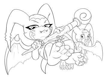 Rule 34 | barefoot, brother and sister, demon, digimon, digimon (creature), digimon adventure v-tamer 01, feet, highres, imposter dude, looking at viewer, mark of evil, petitmamon, sharp teeth, siblings, smile, staff, tail, teeth, wings