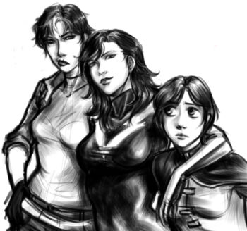 batman_(series) bodysuit dc_comics dick_grayson family genderswap genderswap_(mtf) jacket jason_todd lowres monochrome multicolored_hair nightwing red_hood_(dc) robin_(dc) siblings tim_drake two-tone_hair