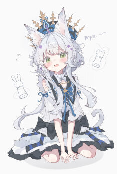 1girl animal_ear_fluff animal_ears arknights black_ribbon blue_ribbon blush bow bowtie cat_ears cat_tail commentary crown dress frilled_dress frills full_body green_eyes highres long_hair looking_at_viewer nalphanne official_alternate_costume open_mouth ribbon rosmontis_(an_airy_dream)_(arknights) rosmontis_(arknights) simple_background sitting solo symbol-only_commentary tail wariza white_background white_bow white_bowtie white_dress white_hair
