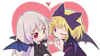 Rule 34 | 2girls, bare shoulders, blonde hair, bow, chibi, elly (tonari no kyuuketsuki-san), feet out of frame, female focus, grey hair, hair bow, heart, highres, ksrg25, long hair, long sleeves, looking at viewer, multiple girls, one eye closed, short hair, simple background, smile, sophie twilight, standing, sweatdrop, tonari no kyuuketsuki-san, vampire, white background, wings, wink