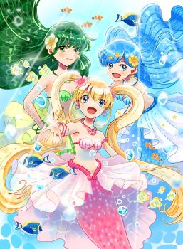 3girls akko080928 aqua_eyes armlet bare_shoulders bikini blonde_hair blue_bikini blue_eyes blue_hair blush bracelet breasts cleavage collarbone earrings fish flower green_bikini green_eyes green_hair hair_between_eyes hair_flower hair_ornament highres houshou_hanon houshou_hanon_(princess) jewelry long_hair looking_at_viewer medium_breasts mermaid mermaid_melody_pichi_pichi_pitch monster_girl multiple_girls nanami_lucia nanami_lucia_(princess) navel necklace official_alternate_costume open_mouth pink_bikini pink_flower shell shell_bikini shell_earrings shell_necklace smile star_(symbol) star_earrings star_hair_ornament stomach swimsuit touin_rina touin_rina_(mermaid) touin_rina_(princess) twintails underwater very_long_hair