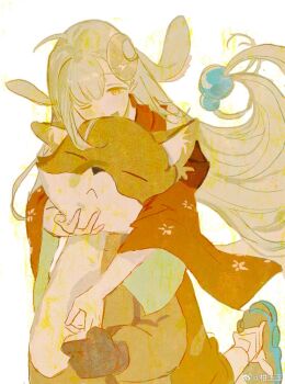 Rule 34 | 2girls, animal costume, animal ears, black shoes, blonde hair, chinese commentary, cho kaguya-hime!, commentary request, crescent, crescent hair ornament, floating hair, fox costume, ganyuyu11192, hair floating upwards, hair ornament, highres, hug, hug from behind, japanese clothes, kaguya (cho kaguya-hime!), kimono, long hair, low-tied long hair, mascot costume, multiple girls, open mouth, rabbit ears, red kimono, sakayori iroha, shoes, simple background, smile, very long hair, watermark, weibo watermark, white background