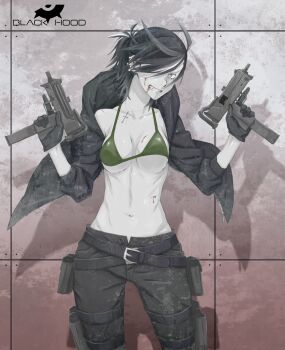 1girl belt bikini bikini_top_only black_hair blood breasts commentary_request dual_wielding gloves green_bikini grin gun hair_over_one_eye highres holding holster hood hood_down hoodie iwado_anna kamezaemon medium_breasts navel no_shirt original pants revision sanpaku scar smile solo swimsuit thigh_holster underboob weapon