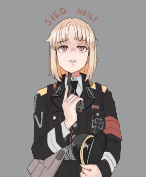 ammunition_pouch armband black_hat blonde_hair cap cross german_text girls'_frontline gun handgun hat highres holding holding_unworn_clothes holding_unworn_hat iron_cross magazine_(weapon) military_dress_uniform military_uniform mp40_(girls'_frontline) nazi necktie parted_lips pouch red_eyes short_hair suicide teeth trigger_discipline unworn_hat unworn_headwear walther walther_p38 wani_(perfect_han) weapon
