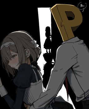 1boy 2girls absurdres apron black_dress brown_eyes brown_hair brown_pants character_request collared_shirt commentary_request dress gakuen_idolmaster hair_between_eyes hand_up highres idolmaster juliet_sleeves long_hair long_sleeves maid maid_apron multiple_girls necktie p-head_producer pants producer_(idolmaster) puffy_sleeves red_necktie shirt silhouette small_sweatdrop sweat syhan translation_request white_apron white_shirt