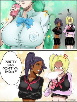 Rule 34 | 2koma, 3girls, anger vein, artist name, bleach, bleach: sennen kessen-hen, blonde hair, bow, bowtie, breast envy, breasts, collarbone, comic, crossed arms, dark-skinned female, dark skin, drinking, earrings, english text, espada, green hair, gyaru, hair ornament, highres, ivizard art93, jewelry, large breasts, locker, long hair, matsumoto rangiku, milkshake, multiple girls, nelliel tu odelschwanck, official alternate costume, ponytail, purple hair, school uniform, shihouin yoruichi, side ponytail, speech bubble, strawberry milk, yellow eyes