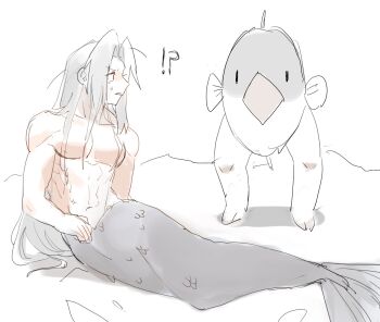 Rule 34 | !?, 1boy, abs, arm support, black eyes, confused, day, final fantasy, final fantasy vii, fish, full body, grey hair, grey tail, hand up, hattouissenbaka, highres, long hair, looking at another, male focus, merman, monster boy, monsterification, navel, nude, open mouth, outdoors, pale color, parted bangs, partially colored, pectorals, reverse mermaid, sephiroth, sketch, solid oval eyes, sweatdrop, toned, toned male, very long hair