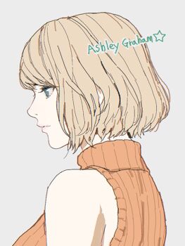 1girl ashley_graham bare_shoulders blonde_hair blue_eyes breasts character_name closed_mouth commentary d.k english_commentary grey_background medium_breasts orange_sweater profile resident_evil resident_evil_4 short_hair sleeveless sleeveless_sweater sleeveless_turtleneck solo sweater turtleneck turtleneck_sweater upper_body