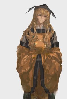 1girl absurdres black_hat blonde_hair breasts brown_eyes commentary_request constellation_print cowboy_shot detached_sleeves green_skirt hair_between_eyes half-closed_eyes hands_in_opposite_sleeves hat highres long_hair long_sleeves looking_to_the_side mandarin_collar matara_okina medium_breasts orange_sleeves orange_tabard shirt sidelocks simple_background skirt solo standing tabard tansuyuli teeth touhou wavy_hair white_background white_shirt wide_sleeves