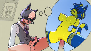 animal_crossing animal_ears ankha_(animal_crossing) black_choker blindfold blue_hair breasts cat_boy cat_ears cat_girl cat_tail choker colored_skin dress_shirt drooling fantasy grey_hair grey_vest highres humanization imagining large_breasts male_focus masturbation multicolored_hair nintendo nipples penis precum pussy pussy_juice raymond_(animal_crossing) sex shaded_face shirt skindentation speech_bubble streaked_hair tail tailbox testicles thick_thighs thighhighs thighs thought_bubble uncensored vest white_hair yellow_skin