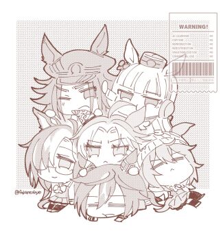 6+girls :&lt; ahoge animal_ears biting_another&#039;s_hair chibi chibi_only closed_eyes crossed_legs dream_journey_(umamusume) ear_covers ears_through_headwear fenomeno_(umamusume) fukunedayo full_body gold_ship_(umamusume) hair_between_eyes hair_over_one_eye hat horse_ears horse_girl multiple_girls nakayama_festa_(umamusume) one_eye_closed orfevre_(umamusume) school_uniform short_hair simple_background single_ear_cover smile stay_gold_(umamusume) stay_gold_clan_(umamusume) tracen_school_uniform twitter_username umamusume