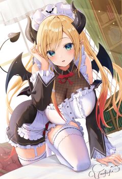 1girl apron aqua_eyes black_horns black_skirt blonde_hair bow bowtie breasts center_frills commentary_request day demon_girl demon_horns demon_tail demon_wings detached_sleeves fishnets frilled_apron frilled_shirt frilled_skirt frilled_sleeves frills garter_straps gradient_hair hair_ribbon hand_up highres hololive horn_ornament horn_ring horns indoors large_breasts long_hair looking_at_viewer maid maid_headdress miniskirt multicolored_hair official_alternate_costume official_alternate_hairstyle open_mouth pink_hair pointy_ears red_bow red_bowtie ribbon see-through_cleavage see-through_clothes shirt single_sidelock skirt solo swept_bangs tail thighhighs torakichi_888 tress_ribbon very_long_hair virtual_youtuber waist_apron white_apron white_garter_straps white_shirt white_thighhighs wings yuzuki_choco yuzuki_choco_(maid)