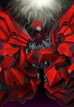 1girl bad_id bad_pixiv_id female_focus gradient_background highres kimera mecha_musume open_mouth original red_eyes red_hair short_hair solo