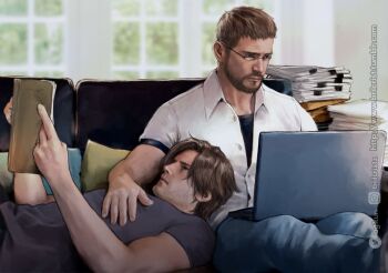 2boys beard bespectacled black_shirt blue_shirt book brilcrist brown_hair chris_redfield collared_shirt computer couch curtained_hair facial_hair glasses hand_on_another's_chest holding holding_book laptop leon_s._kennedy male_focus multiple_boys muscular muscular_male open_book outstretched_leg paper_stack resident_evil resident_evil_requiem shirt short_hair sitting slice_of_life undershirt white_shirt yaoi