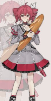 1girl baguette black_shoes bread breasts closed_mouth cowboy_shot dress drill_hair food grey_dress grey_jacket highres holding holding_food jacket kasane_teto kasane_teto_(sv) looking_ahead looking_at_viewer medium_breasts multicolored_hair oversized_food oversized_object red_eyes red_hair sfsaltfish shoes simple_background smile solo straight-on streaked_hair synthesizer_v twin_drills utau white_background white_hair